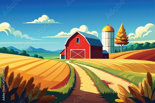 Scenic Farm Road with Barn and Windmill vector illustration
A small dirt road leads to the barn, with a wooden fence lining the fields. The sky is bright blue with a few fluffy white clouds, and a win