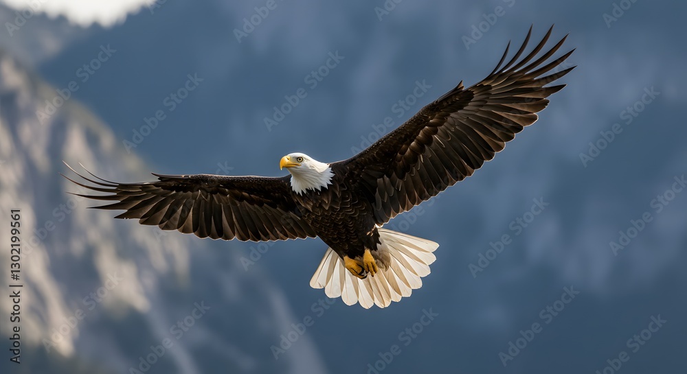 Obraz premium Magnificent Bald Eagle Soaring Across a Blue Sky with Mountainous Backdrop