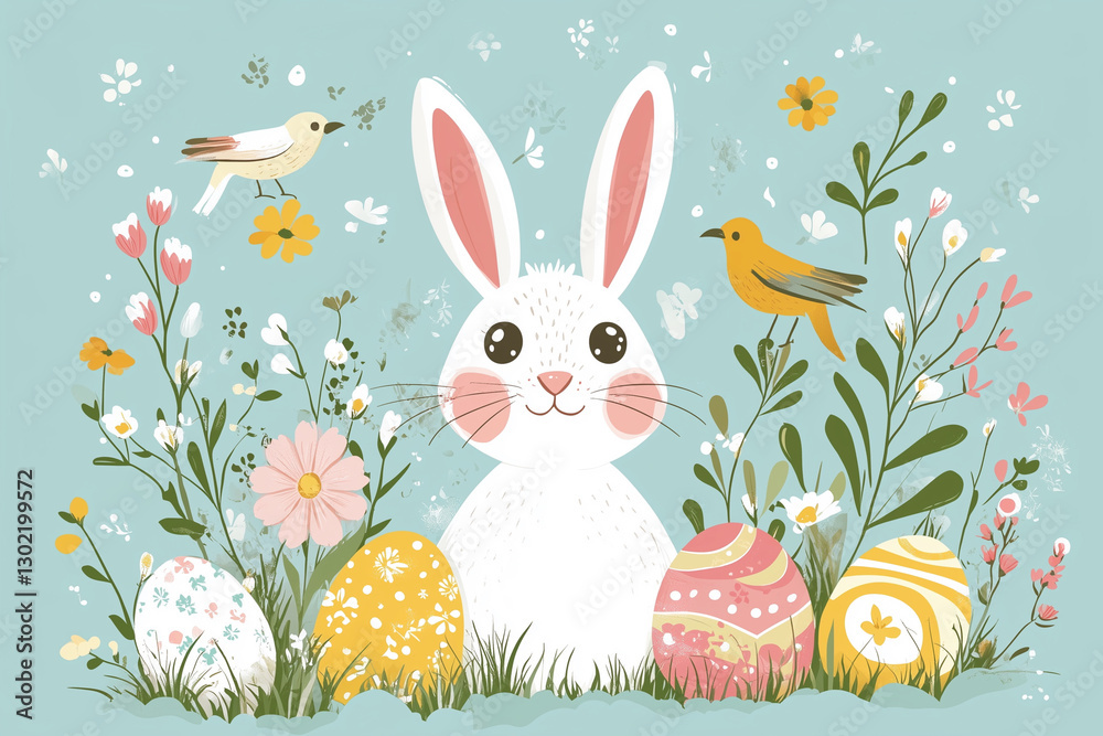 Fototapeta premium cartoon rabbit is sitting in a field of flowers and eggs. The rabbit is smiling and looking at the camera. The flowers and eggs are scattered around the rabbit, creating a whimsical