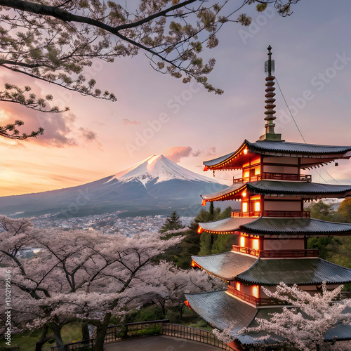 cherry blossoms in spring chureito pagoda and fuj