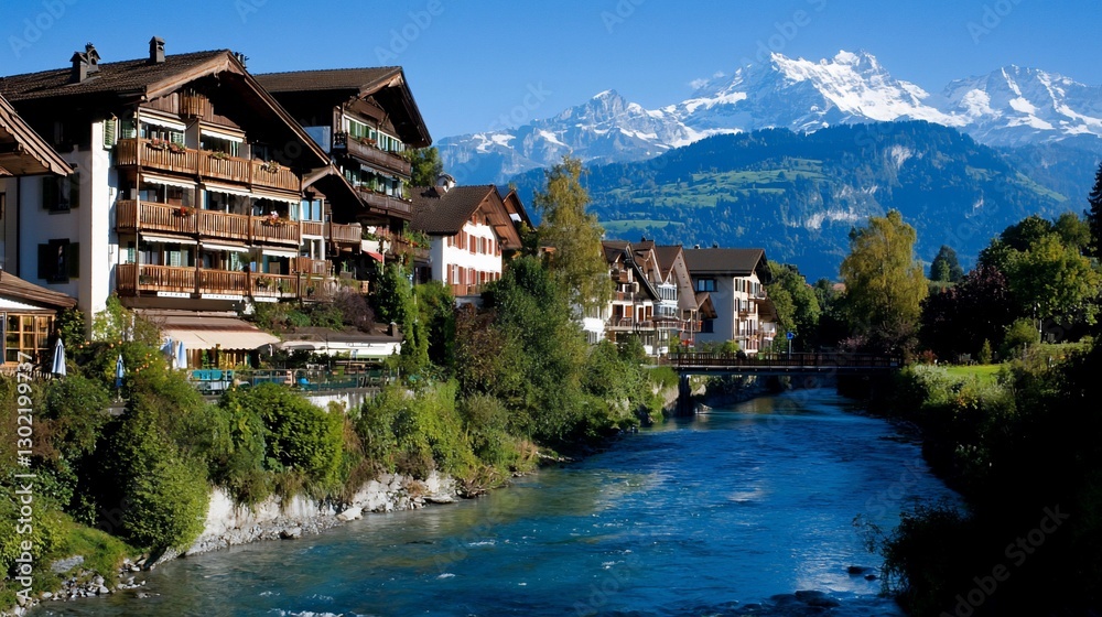 Fototapeta premium Scenic river town nestled in mountains.