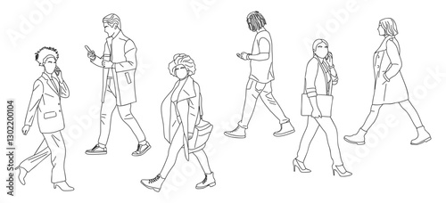 Set of different people walking line art drawing. Group of business people in casual clothes with smart phones. Hand drawn vector illustration isolated 