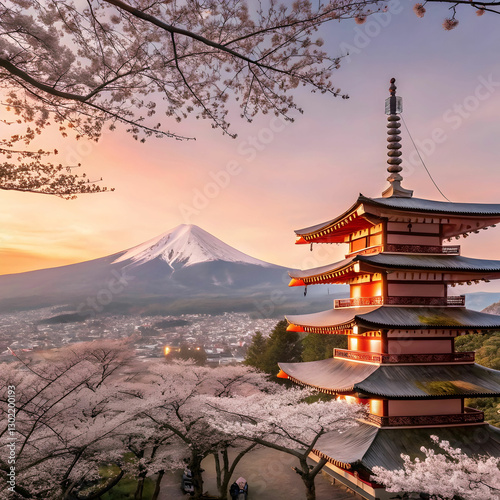 cherry blossoms in spring chureito pagoda and fuj