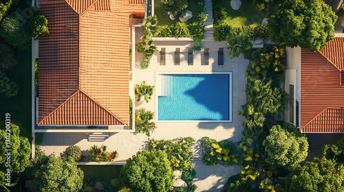 Fototapeta Naklejka Na Ścianę i Meble -  Aerial view of a luxury house with a swimming pool