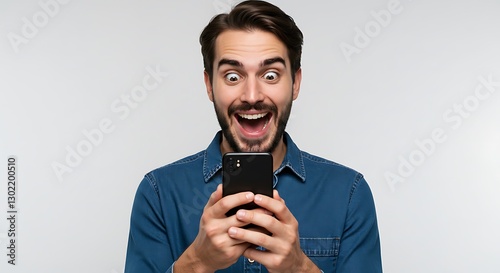 Excited Man Looking at Phone Smiling and Holding the Device photo