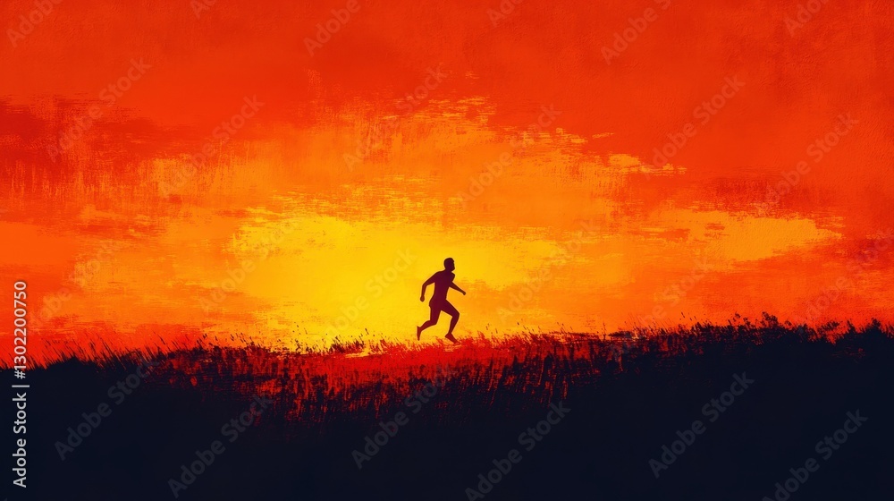 A silhouette of a running person with vibrant orange sky A silhouette of a running person with vibrant orange sky