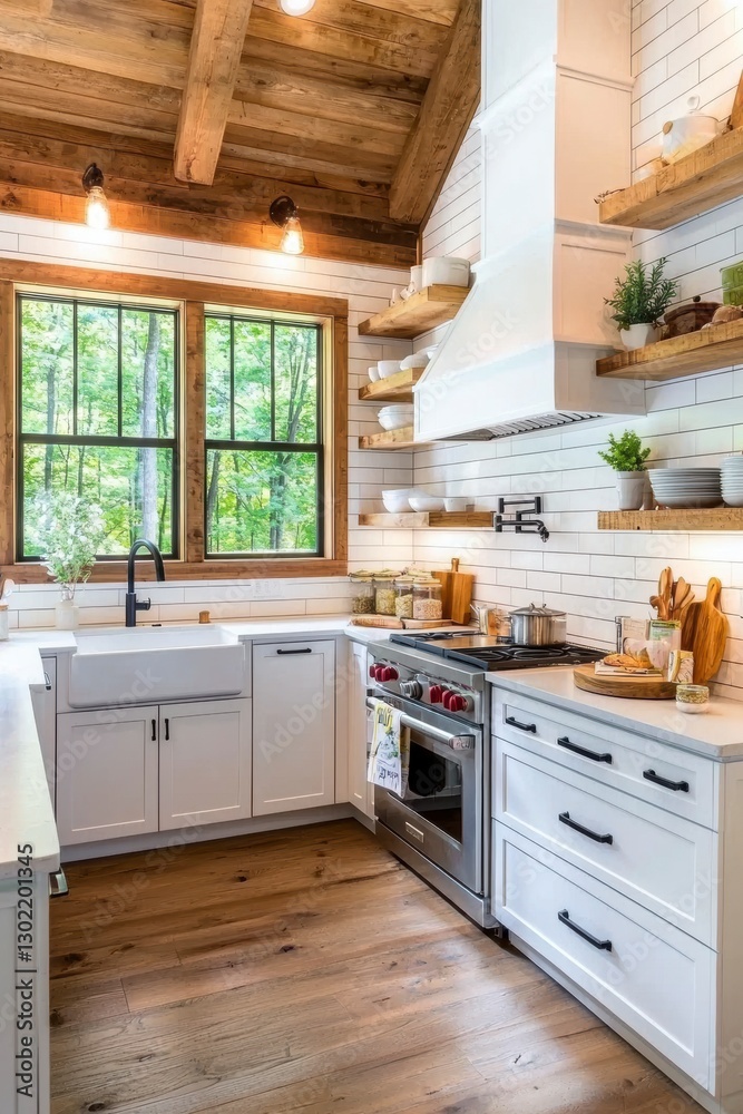 custom made wallpaper toronto digitalModern Farmhouse Kitchen with Wood Beams and White Cabinets