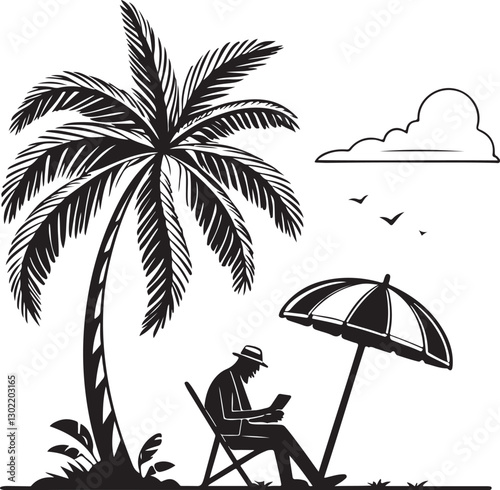 Tropical Beach Silhouette with Palm Tree, Relaxing Man, and Umbrella – Vector Illustration.