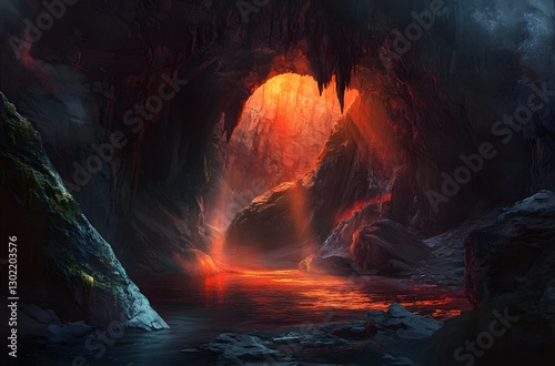Glowing Lava Lake Within a Dark Volcanic Cave