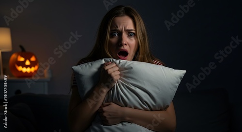 Scared Woman Holding Pillow Watching Television During Halloween Night