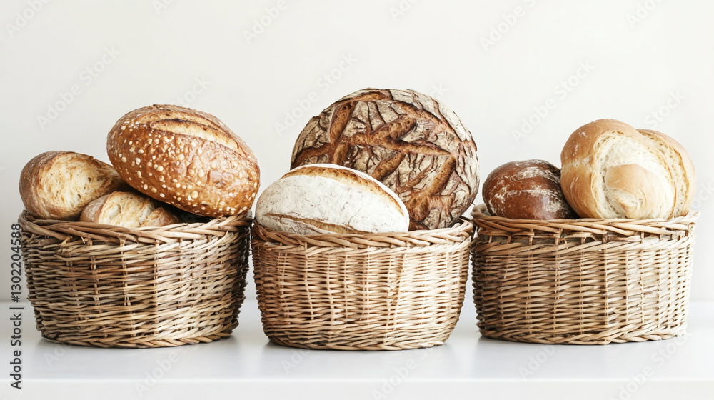 Buns and baguettes in wicker baskets on the counter of a bakery Buns and baguettes in wicker baskets on the counter of a bakery