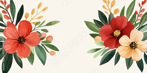 Red and Orange Watercolor Flowers on White