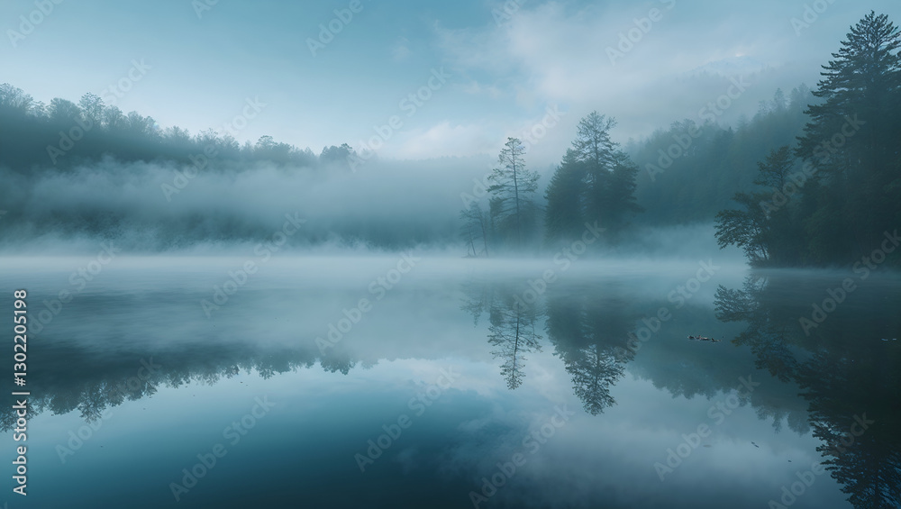 Ethereal Landscape of a Fog-Covered Lake at Sunrise, Reflective Surface, and Subtle Light Enhancing the Mystical and Cinematic Composition Ethereal Landscape of a Fog-Covered Lake at Sunrise, Reflective Surface, and Subtle Light Enhancing the Mystical and Cinematic Composition