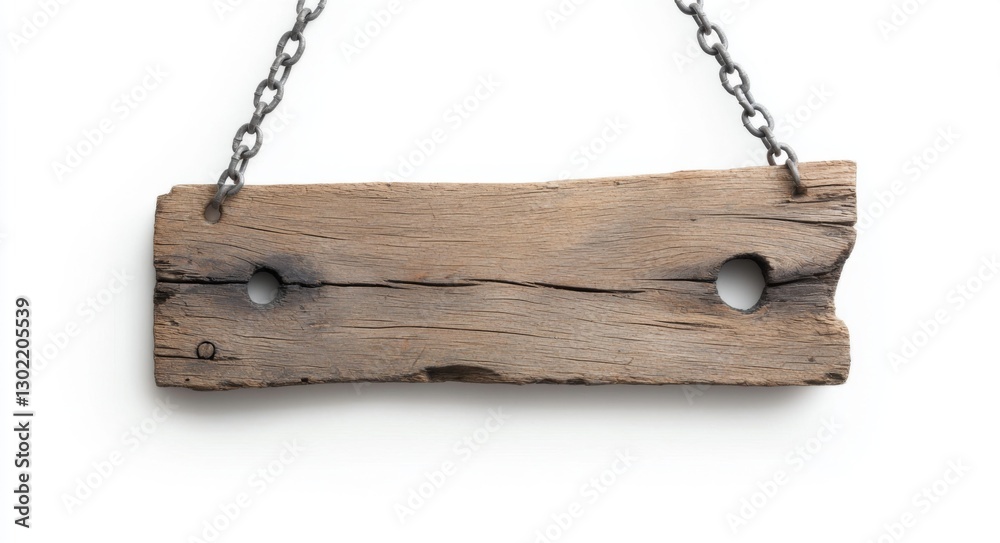 Rustic weathered wooden sign hanging on a metal chain against a white background. Blank space for text or message. Perfect for rustic or vintage Rustic weathered wooden sign hanging on a metal chain against a white background. Blank space for text or message. Perfect for rustic or vintage
