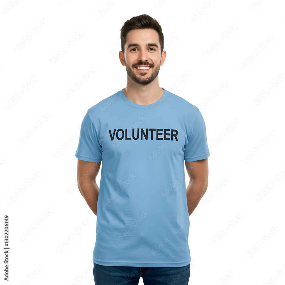 Smiling Male Volunteer in Light Blue TShirt Studio Shot Man Work Happy Model Person Giving People Smiling Male Volunteer in Light Blue TShirt Studio Shot Man Work Happy Model Person Giving People