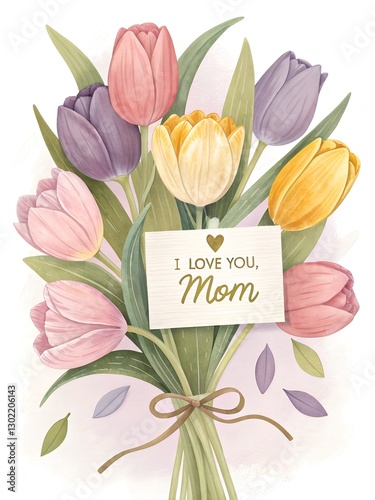 A charming Mother’s Day card with a bouquet of pastel tulips and a heartfelt note that says “I Love You, Mom.” This elegant floral design makes a perfect expression of love and gratitude for mothers.