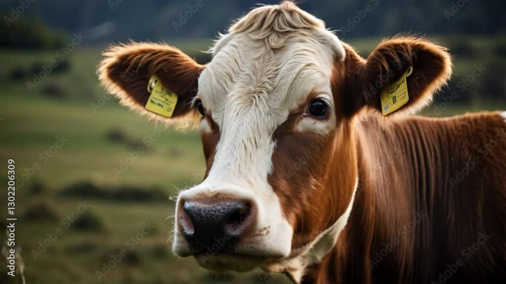 Charming close-up of a brown and white cow in a lush green pasture, showcasing its gentle expression and ear tags, embodying rural life and agriculture. Charming close-up of a brown and white cow in a lush green pasture, showcasing its gentle expression and ear tags, embodying rural life and agriculture.