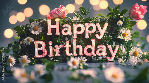 Romantic Floral Happy Birthday Typography with Soft Glowing Lights