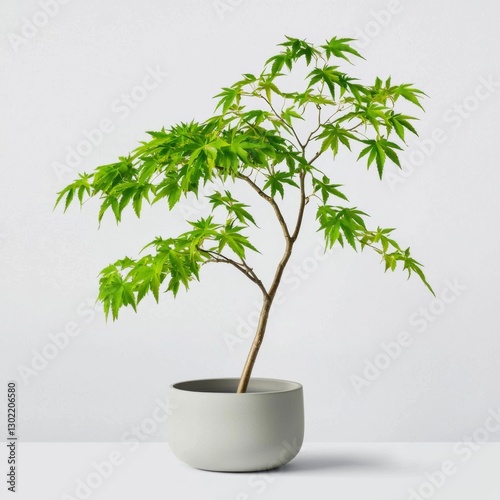 Vibrant green Japanese Maple tree in a light gray pot against a white background. The plant is small and sits on a light surface. 