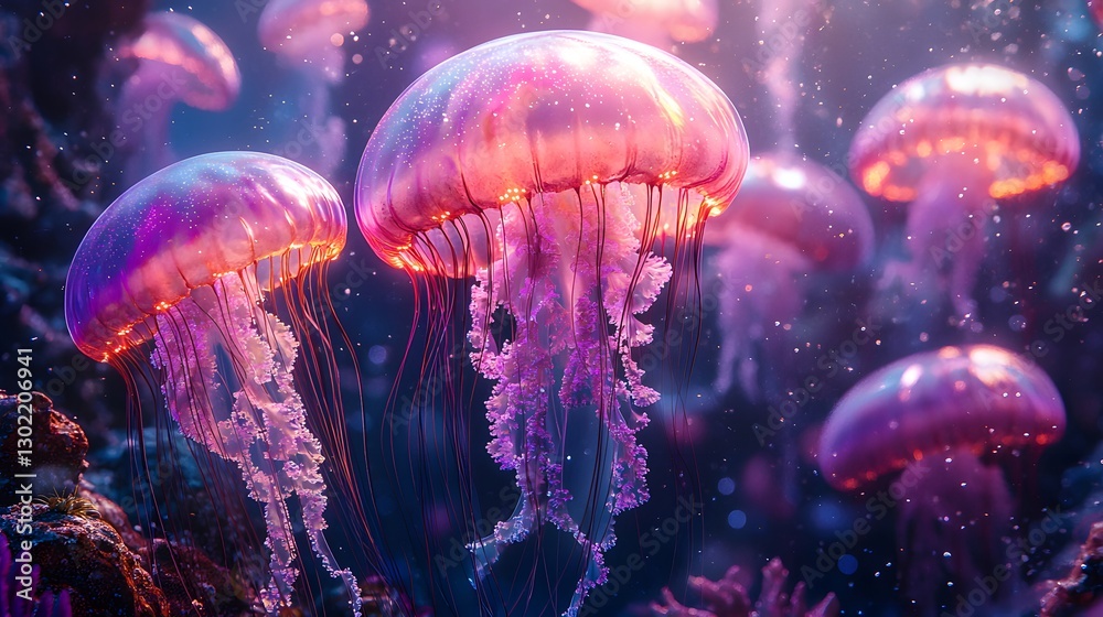 Naklejka premium Enchanting jellyfish swimming elegantly in the deep blue ocean with soft light enhancing their ethereal presence