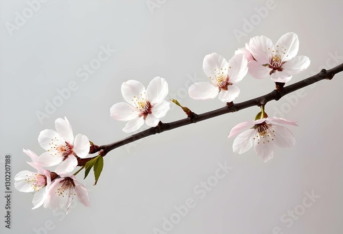 Minimalist Cherry Blossoms Branch. Pink Spring Flowers on White Background. botanical nature frame border.