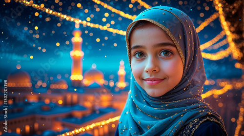 Young girl wearing ornate sea green hijab with illuminated mosque in the background at night