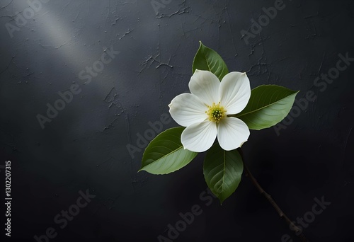 minimalist Single White Dogwood Flower on Dark Background. Elegant Floral Bloom. ideal for simple nature backgrounds