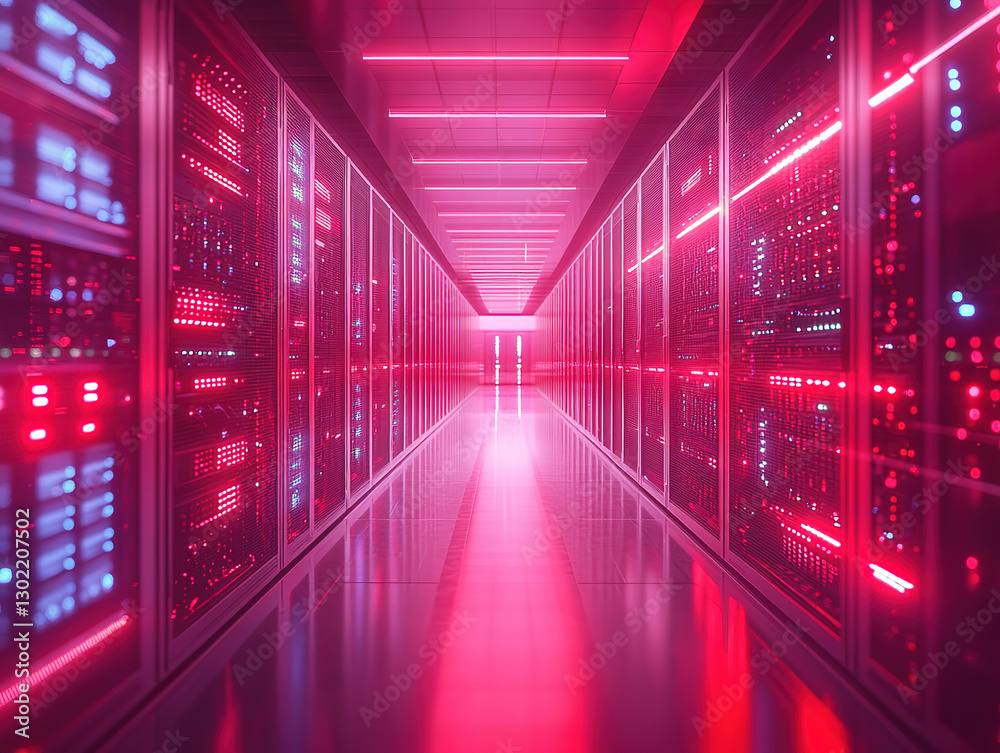 Fototapeta premium Futuristic Data Center Corridor with Illuminated Servers