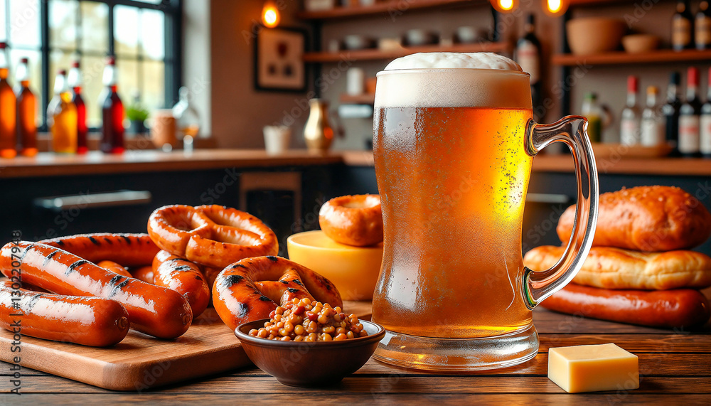 Traditional German Beer Mug with Grilled Sausages and Pretzels in Rustic Tavern Setting