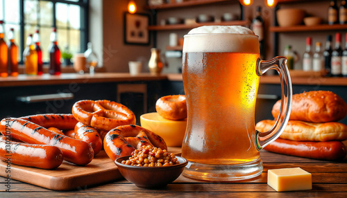 Obraz na płótnie Traditional German Beer Mug with Grilled Sausages and Pretzels in Rustic Tavern Setting w salonie