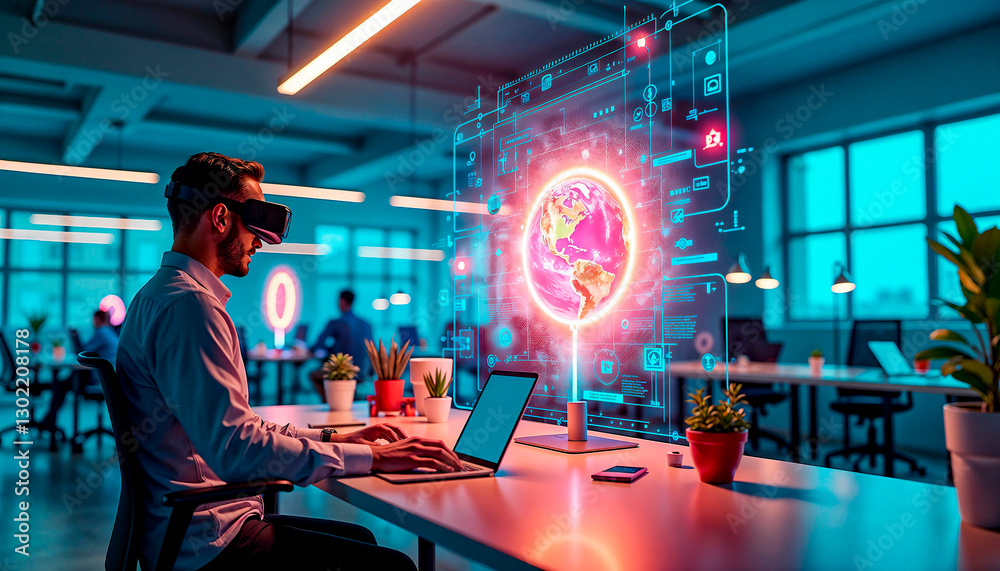 Innovative professional using virtual reality headset with global data visualization in modern office