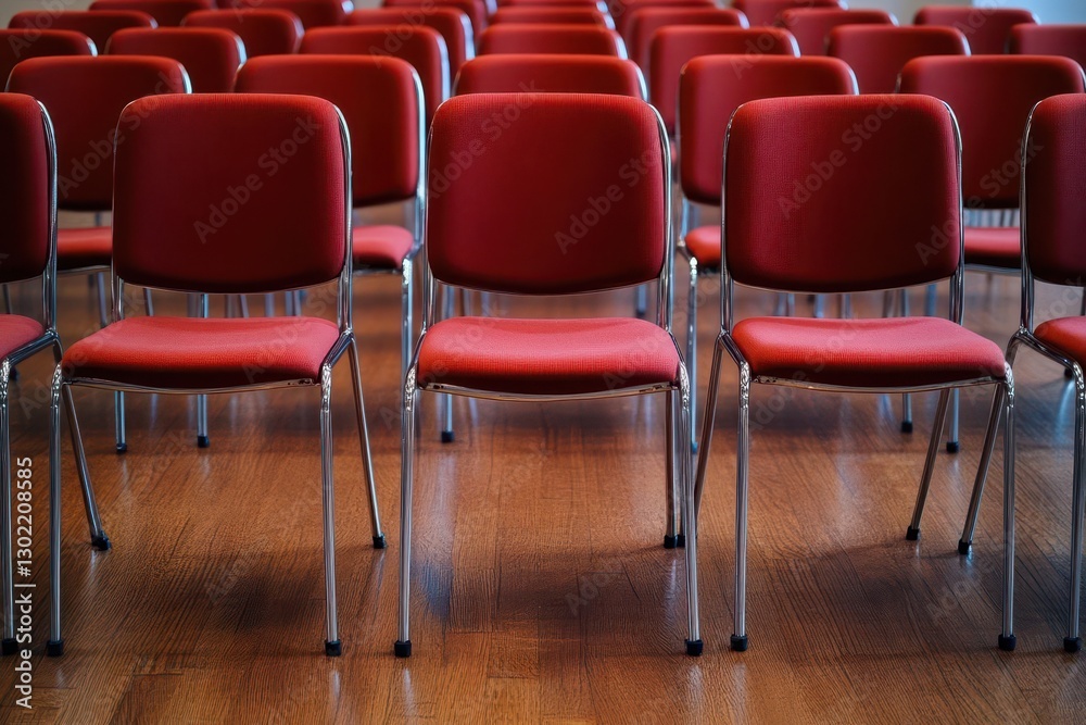 Obraz premium elegant row of minimalist crimson theater chairs with sleek metal frames arranged in perfect symmetry on polished wooden flooring, creating a striking visual rhythm for contemporary event spaces