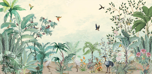 Natural High Quality Mural Design, Tropical Mural wall Design, Watercolor Background with brids.