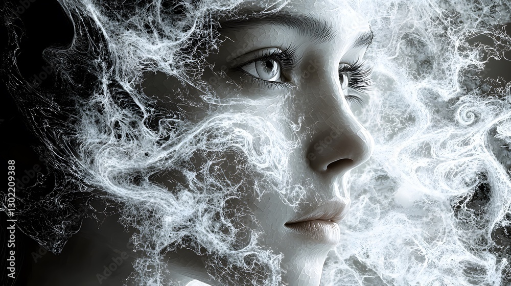 Fototapeta premium Enigmatic woman surrounded by mystical smoke cloud creating an air of intrigue and imagination in a dreamlike scene