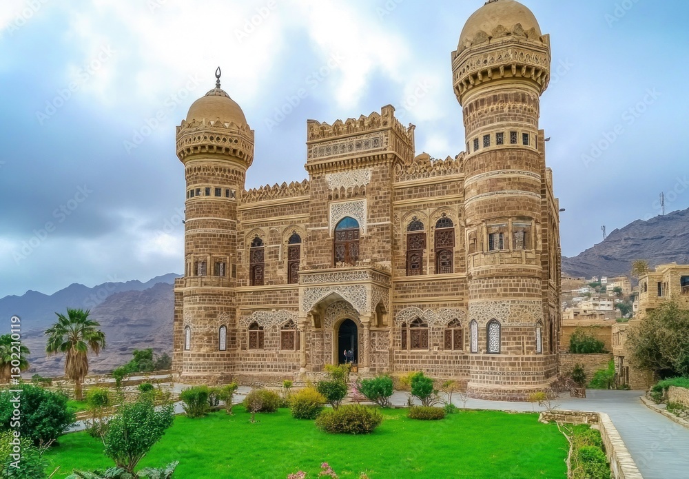 Obraz premium Majestic stone palace nestled in mountains.