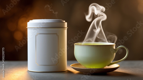 A steaming cup of tea beside a minimalist tea tin in a cozy setting. Perfect for branding, packaging, and beverage advertisements