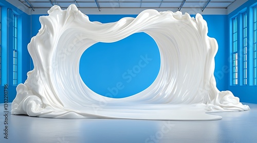 Abstract White Wave Sculpture in Minimalist Blue Environment