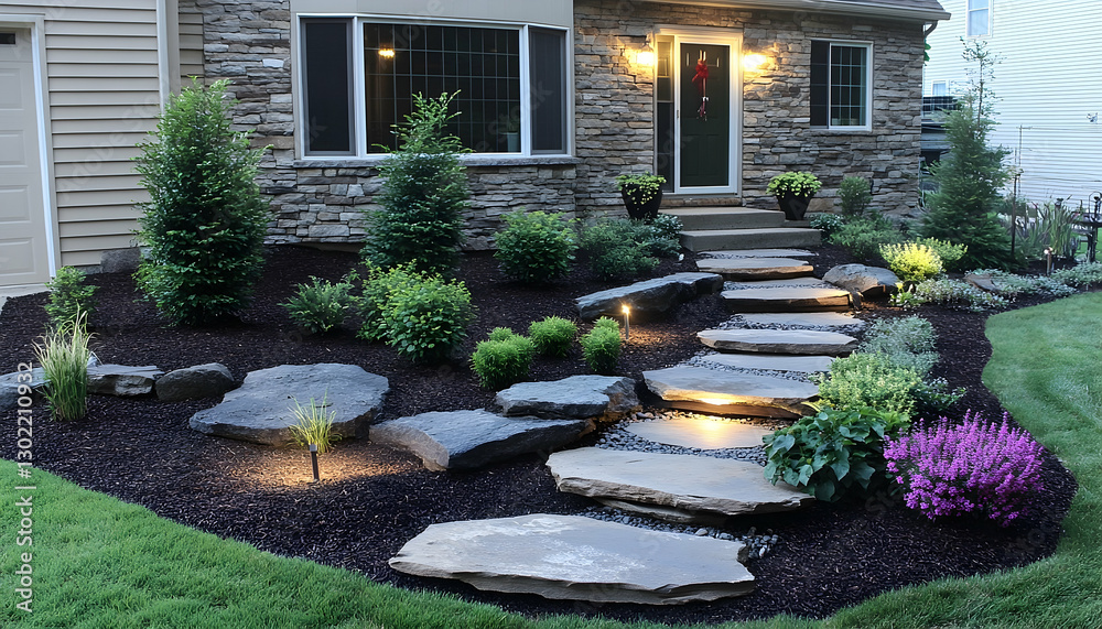 Obraz premium Exquisite Front Yard Landscaping with Natural Stone Pathway and Ambient Lighting
