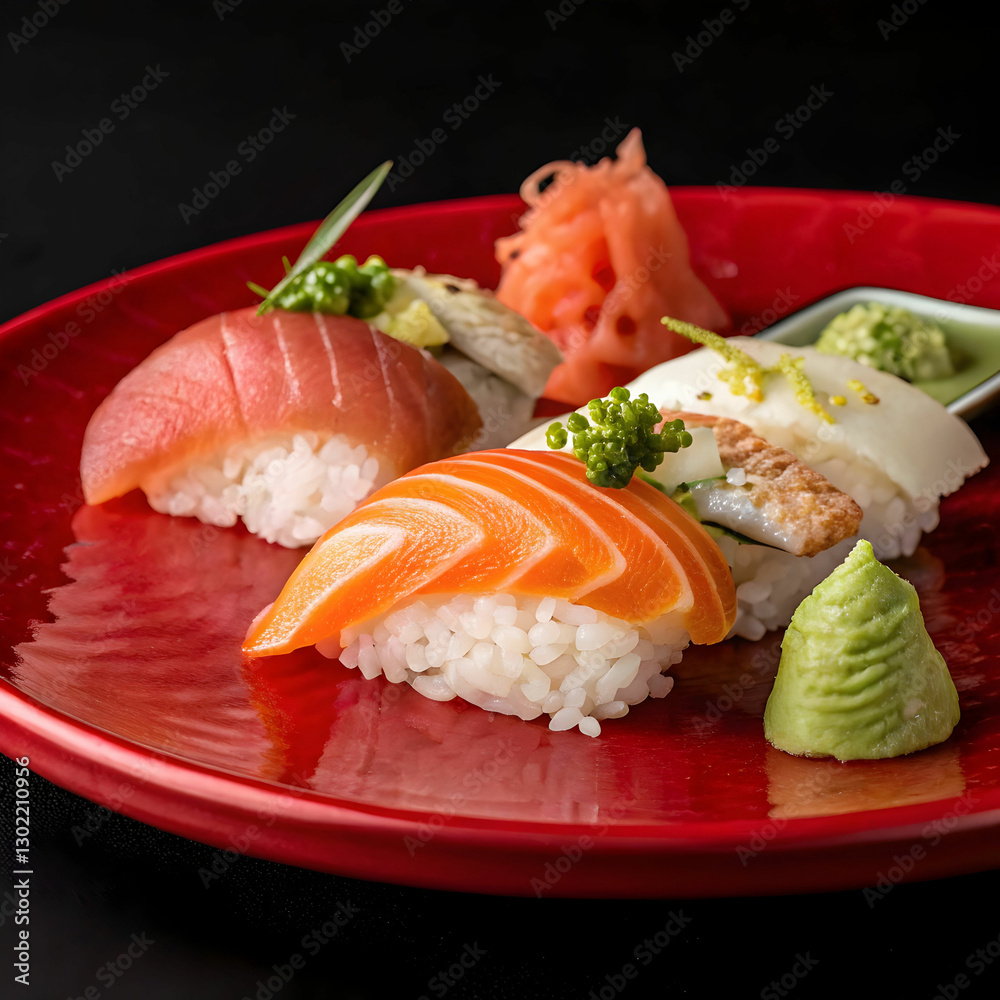 delicious sushi served on red plate isolated on black delicious sushi served on red plate isolated on black