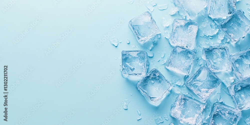 Ice cubes are scattered on a light blue background