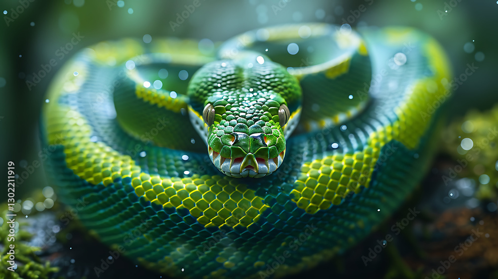 Fototapeta premium Close-up of a vibrant green and yellow snake resting on a moss-covered branch in a lush forest