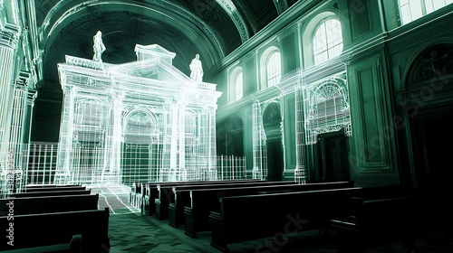 Innovative visualization of a church interior with wireframe architectural elements