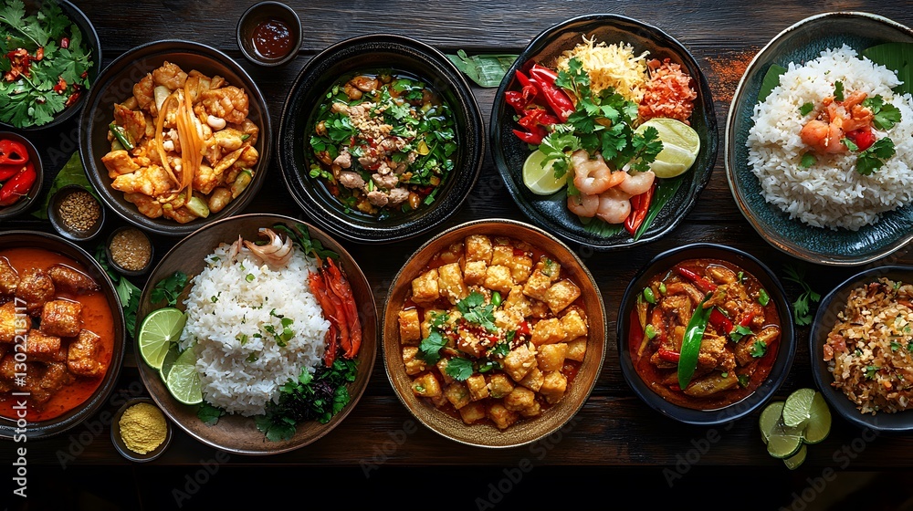 Thai food with an artistic presentation, featuring delicate plating, gold-rimmed dishes, and tropical garnishes Thai food with an artistic presentation, featuring delicate plating, gold-rimmed dishes, and tropical garnishes