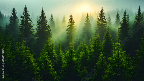 Sunrise In Dense Foggy Forest