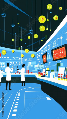 A futuristic laboratory filled with glowing holographic displays, scientists in sleek lab coats analyzing data. 