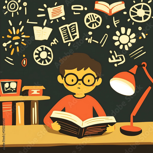 A curious student reading a book under the warm glow of a desk lamp. 