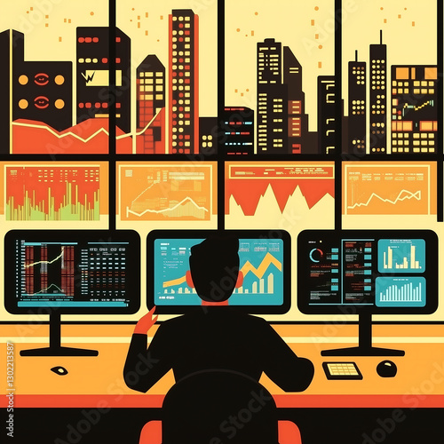 A confident investor analyzing stock market charts on multiple screens.