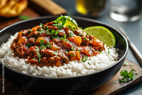 A delicious Cuban ropa vieja stew on a bed of rice with lime garnish