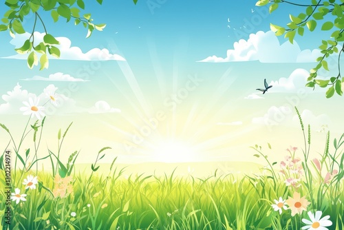 Spring meadow with flowers and grass bathed in sunlight