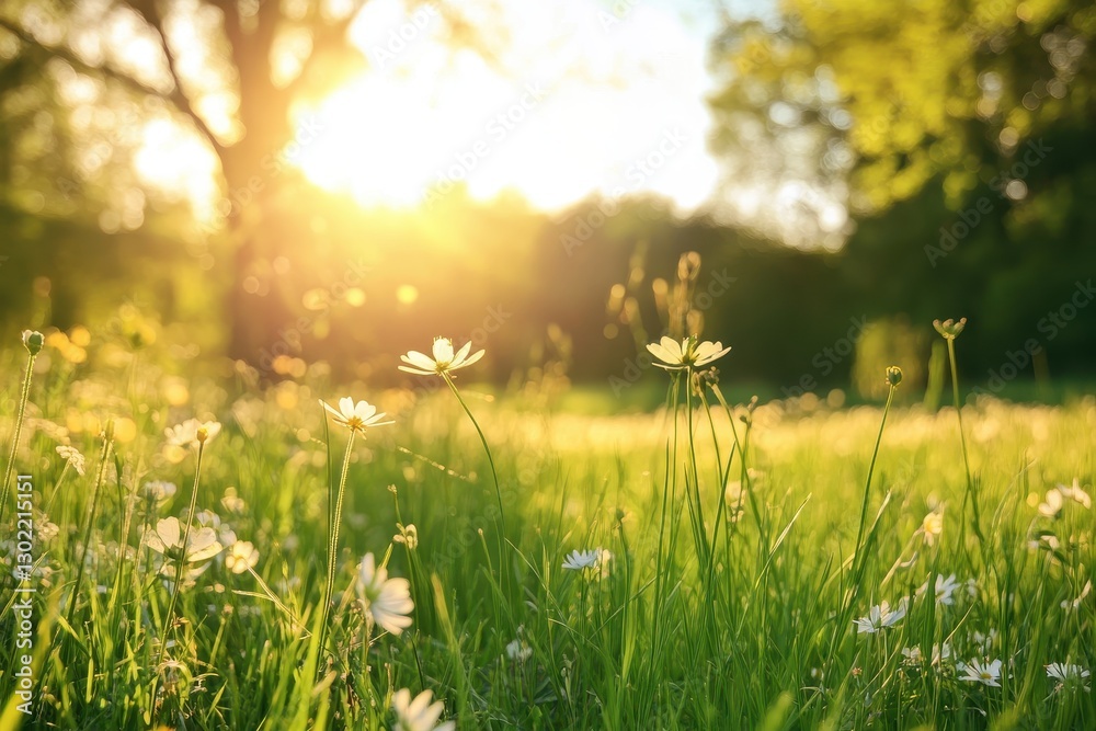Obraz premium Daisies and grasses stand tall bathed in golden sunlight